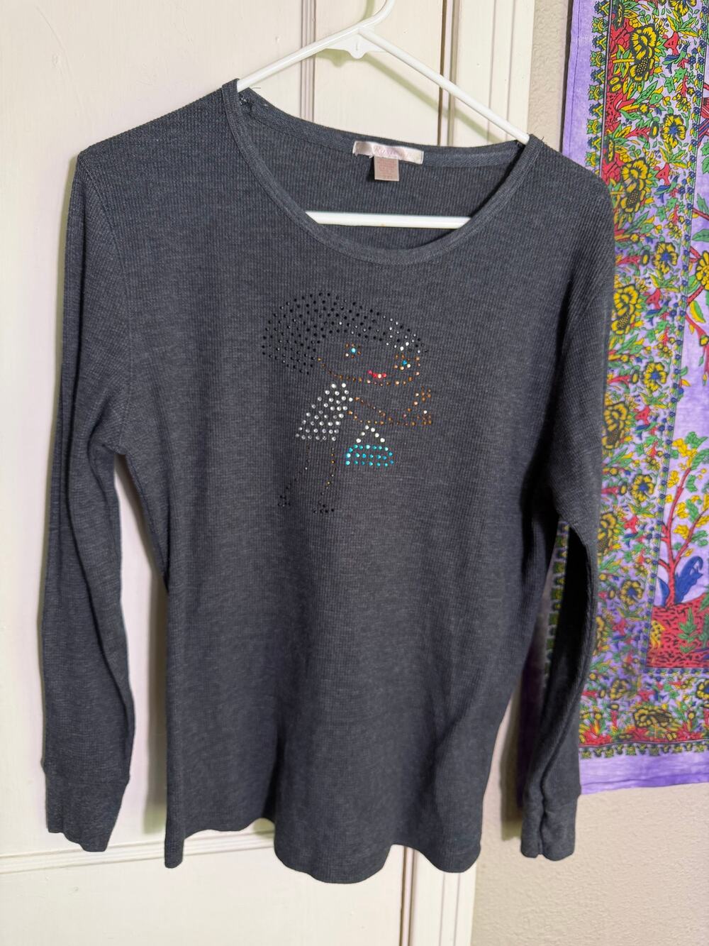 Y2K Rosia Rhinestone Girl Thermal Top Womens XL Gray Waffle Knit Long Sleeve